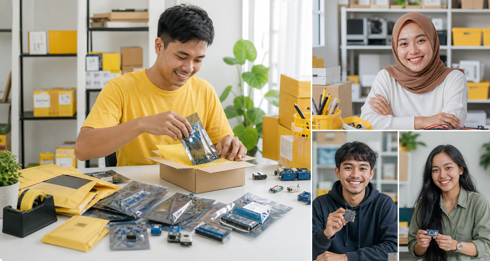 Fictional Indonesian electronics customers and Kivala Store packing desk illustration